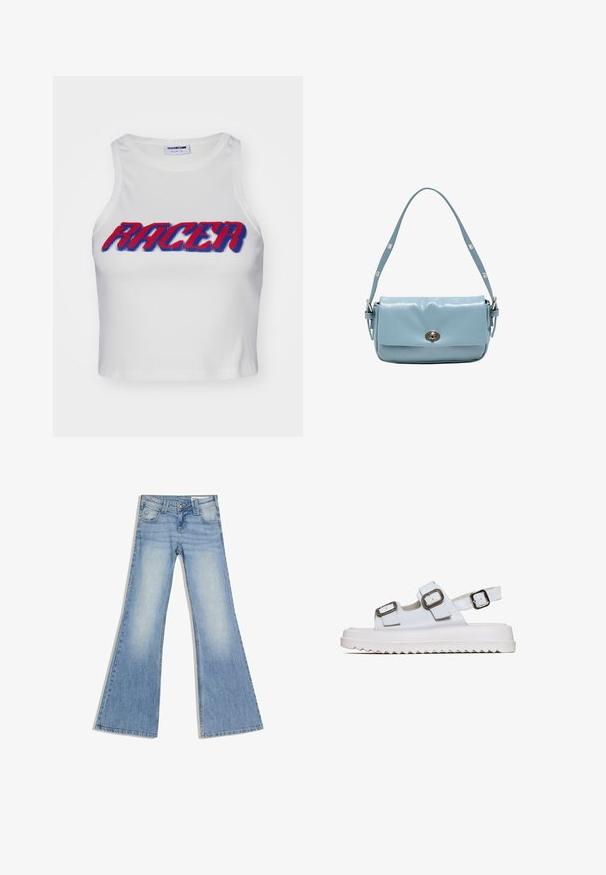 Hvid ribbet cropped tanktop med ordet "RACER" i fed rød og blå skrift over forsiden.; Lyseblå cowboybukser med høj talje, forlommer og vide, udvidede ben, lagt fladt på en hvid baggrund.; Hvide sandaler med to justerbare stropper, sølv spænder og en tyk hvid sål med zigzag mønster. Glat tekstur og åben design.; Lyseblå læder skuldertaske med justerbar rem og sølvfarvet drejelås på frontklappen.