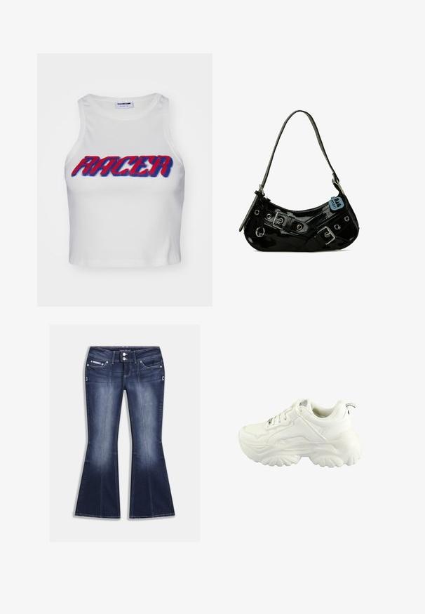Hvid ribbet cropped tanktop med ordet "RACER" i fed rød og blå skrift over forsiden.; Mørkeblå, viddeudvidede jeans lavet af denim, med fem lommer, kontrastsyninger og lukning med knap samt dekorative detaljer foran.; Hvide sneakers med et chunky design, glat syntetisk overdel, polstret krave og tekstureret gummisål med et diamantmønster.; Sort lakeret skuldertaske med en buet form, udsmykket med sølvhardware, dekorative spænder og en kort rem. Blå mærkat vedhæftet.