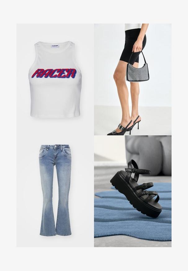 Débardeur court blanc côtelé avec le mot "RACER" en lettres épaisses rouges et bleues sur le devant.; Jean évasé bleu en denim, avec un délavage clair, cinq poches et une fermeture à bouton. Les jambes sont larges au niveau de l'ourlet.; Sandale plateforme noire avec trois brides réglables à boucle, posée sur un tapis bleu texturé avec un arrière-plan flou.; Sac à main à perles noires avec une silhouette courbée, une poignée de transport et une texture brillante. Porté avec des chaussures à talons hauts noires et un short noir ajusté.