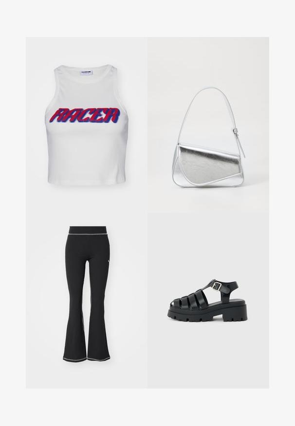 Valkoinen ribbed lyhyt tanktoppi, jossa on sana "RACER" paksuilla punaisilla ja sinisillä kirjaimilla edessä.; Mustat ribbivartiset flare-legginssit, joissa on teksturoitu pinta, litteä vyötärö ja valkoiset tikkaustyynyt sivuilla.; Musta paksupohjainen platform-sandaali, jossa useita hihnoja, avoin varvas, nilkkahihna ja hopeinen solki vaaleanharmaalla taustalla.; Hopeakiloinen käsilaukku, jonka muoto on kolmiomainen, pinta sileä ja ohut, säädettävä olkahihna. Sisältää taitettavan suunnittelun, jossa on ompelu.