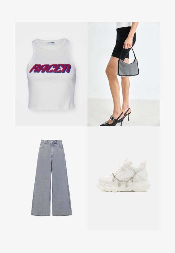 Hvid ribbet cropped tanktop med ordet "RACER" i fed rød og blå skrift over forsiden.; Lysblå bredbenede jeans lavet af denim, med høj talje, fire lommer og en klassisk knaplukning med subtil slid.; Hvide sneakers med en kraftig sål, tekstureret læderoverdel og dekorativ metal kæde med charms. Har snørebåndslukning og polstret krave.; Sort perlehandtaske med en buet silhuet, bærehåndtag og blank overflade. Båret med højhælede sorte sko og tætsiddende sorte shorts.