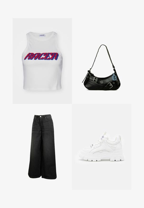 Weißes, geripptes, gekürztes Tanktop mit dem Wort "RACER" in fettem roten und blauen Schriftzug auf der Vorderseite.; Schwarze weit geschnittene Jeans mit hoher Taille, Frontknopf, Taschen und dezentem Logo auf der Vorder-Tasche.; Weiße klobige Sneakers mit einer strukturierten Oberseite, gepolstertem Schaft und dicker, gerippter Sohle. Verfügt über kontrastierende schwarze Schnürsenkel und Branding-Details.; Schwarze synthetische Handtasche mit geschwungener Form, verstellbarem Riemen und dekorativen Metall-Schnallen. Besitzt eine glatte, glänzende Textur.