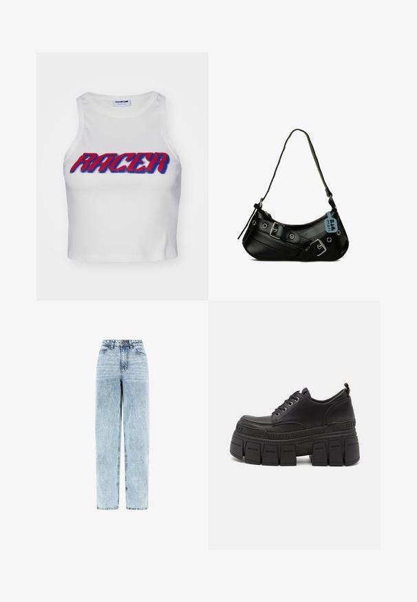 Hvid ribbet cropped tanktop med ordet "RACER" i fed rød og blå skrift over forsiden.; Høj talje, lyseblå falmet denimjeans med lige ben, knaplukning foran, lynlås og forlommer.; Sorte platform sneakers med en glat læderoverdel, snørelukning, tykk gummisål og brandingdetalje på siden.; Sort syntetisk håndtaske med en buet form, justerbar rem og dekorative metalspænder. Har en glat, blank tekstur.