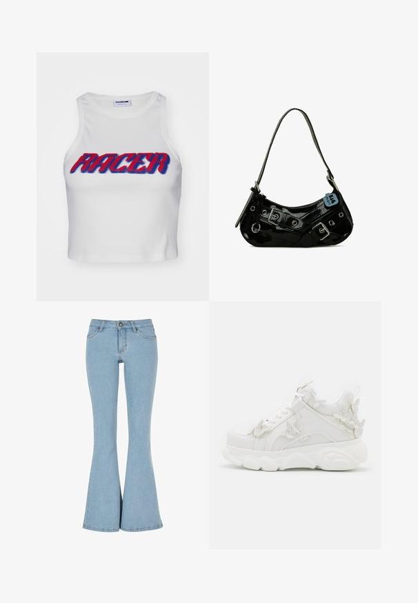 Hvid ribbet cropped tanktop med ordet "RACER" i fed rød og blå skrift over forsiden.; Lyseblå denim bukser med flare, høj talje, fem lommer og knaplukning. Har en glat tekstur og en ren kant.; Hvid chunky sneaker med tyk sål og dekorative 3D sommerfugle detaljer på siden, snørebånd og hæl.; Sort lakeret skuldertaske med en buet form, udsmykket med sølvhardware, dekorative spænder og en kort rem. Blå mærkat vedhæftet.