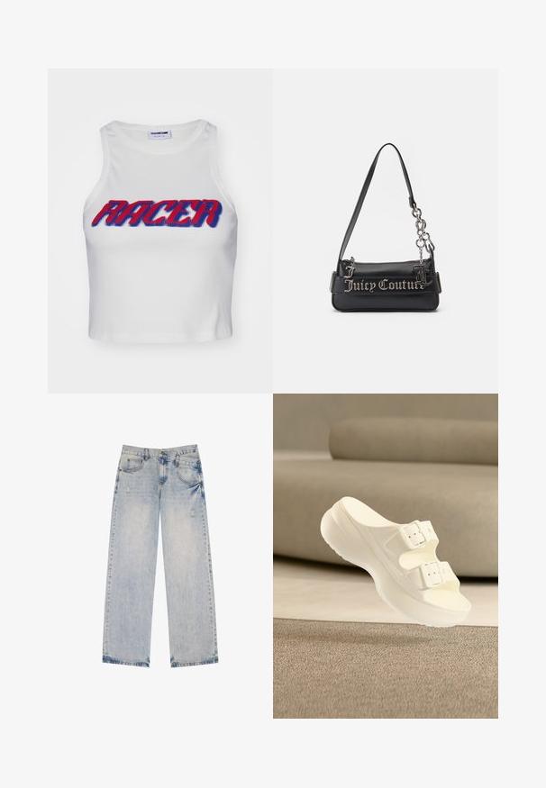 Hvid ribbet cropped tanktop med ordet "RACER" i fed rød og blå skrift over forsiden.; Lysblå denimjeans med lige ben-design, der har slidte detaljer, fem lommer og synlige sømdetaljer.; Hvid klipklap med to justerbare spænder og en tyk sål, placeret foran en beige sofa på et tekstureret tæppe.; Sort håndtaske lavet af tekstureret syntetisk materiale. Har en kædestrop og sølv "Juicy Couture" logoet fremtrædende vist på forsiden.