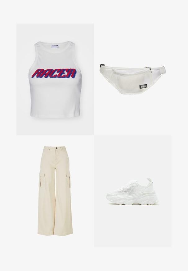 Weißes, geripptes, gekürztes Tanktop mit dem Wort "RACER" in fettem roten und blauen Schriftzug auf der Vorderseite.; Beige weite Cargo-Hosen aus Baumwolle, mit zwei großen Seitentaschen, einem frontalen Knopfverschluss und einem sauberen Saum.; Weißer klobiger Sneaker mit Schnürung vorne, floralen Mesh-Seitenteilen und dicker, geformter Sohle, von links auf einfarbigem Hintergrund gezeigt.; Klarer Bauchtasche aus transparentem Material mit einer Netzinnentasche, Reißverschlussschluss und verstellbarem Gurt. Schwarzes Markenschild sichtbar.