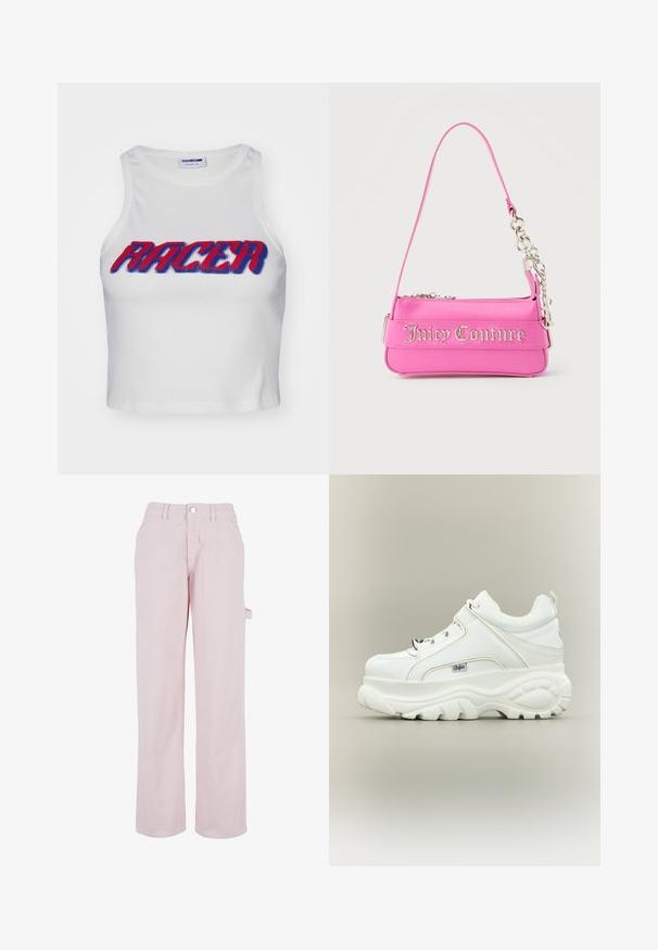 Débardeur court blanc côtelé avec le mot "RACER" en lettres épaisses rouges et bleues sur le devant.; Pantalons en coton rose pâle à coupe droite, dotés d'une fermeture à bouton et d'une poche cargo sur le côté. Texture lisse et détails de design minimalistes.; Baskets à plateforme blanches avec semelle épaisse et imposante, lacets sur le devant et logo de la marque Buffalo sur le côté, vues de l’extérieur.; Petit sac à main Juicy Couture rose vif avec détail en chaîne argentée et lettrage du logo sur le devant, une seule bandoulière étroite.