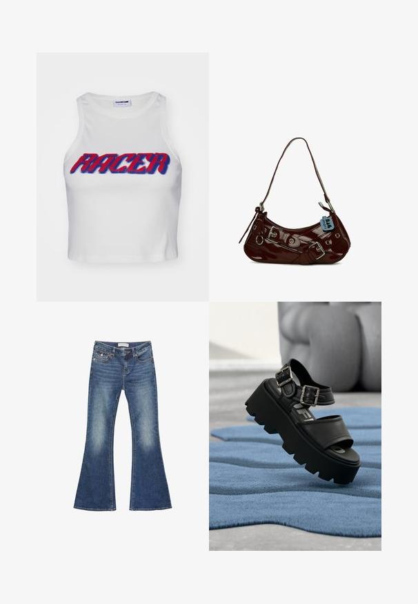 Débardeur court blanc côtelé avec le mot "RACER" en lettres épaisses rouges et bleues sur le devant.; Jeans en denim évasés de couleur bleu moyen avec des détails décolorés. Ils présentent un design classique à cinq poches et des coutures contrastées avec une fermeture à bouton.; Sandale plateforme noire épaisse avec deux boucles argentées sur un tapis bleu texturé, sculpture grise floue en arrière-plan.; Sac à main en cuir verni bordeaux avec une forme courbée, accents en métal argenté et une boucle décorative. Il présente une courte bandoulière et une fermeture éclair.