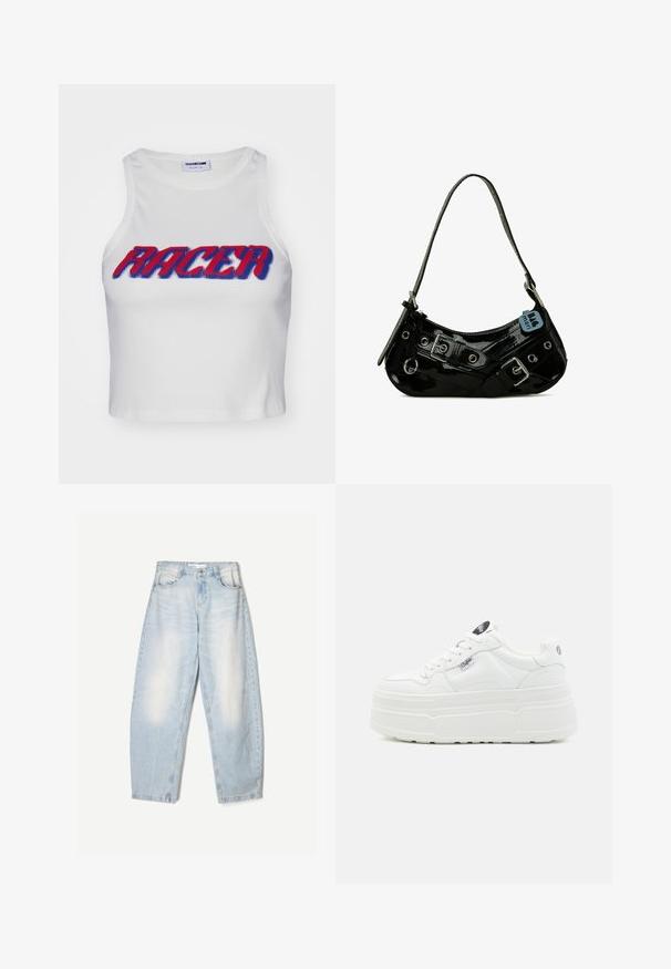 Weißes, geripptes, gekürztes Tanktop mit dem Wort "RACER" in fettem roten und blauen Schriftzug auf der Vorderseite.; Hellblaue Jeans aus Denim mit lockerer Passform, im ausgewaschenen Finish, zwei Fronttaschen und einem Knopfverschluss am Bund.; Weiße Plattform-Sneaker mit einer glatten synthetischen Oberfläche, rundem Zehenbereich, gepolstertem Kragen und strukturiertem Profil. Mit einem kontrastierenden Logo-Tag.; Schwarze Lackleder-Handtasche mit geschwungener Form, ausgestattet mit silbernem Beschlag, dekorativen Schnallen und einem kurzen Griff. Blaue Anhängeschild befestigt.