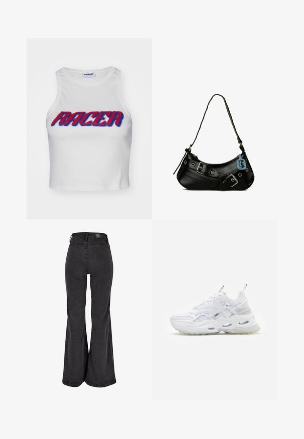 Weißes, geripptes, gekürztes Tanktop mit dem Wort "RACER" in fettem roten und blauen Schriftzug auf der Vorderseite.; Schwarze weit geschnittene Jeans mit glatter Textur, hoher Taille und einem Markenpatch auf der Rückseite. Besitzt ein weites Bein-Design und verstärkte Nähte.; Weißer Sneaker mit dickem Profil, geschichtetem Mesh- und Synthetik-Obermaterial, mit gemusterten Akzenten, Schnürsystem und Zuglasche.; Schwarze synthetische Handtasche mit geschwungener Form, verstellbarem Riemen und dekorativen Metall-Schnallen. Besitzt eine glatte, glänzende Textur.
