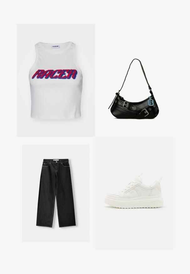 Witte geribde cropped tanktop met het woord "RACER" in vetgedrukte rode en blauwe letters op de voorkant.; Zwarte denim wijde jeans met vijf zakken, metalen knoop en ritsluiting, en contrasterende gele stiksels langs de naden.; Witte leren sneakers met een stevige zool, vetersluiting en subtiele branding. Heeft een zachte textuur en een ronde neus.; Zwarte synthetische handtas met een gebogen vorm, verstelbare schouderriem en decoratieve metalen gespen. Heeft een gladde, glanzende textuur.