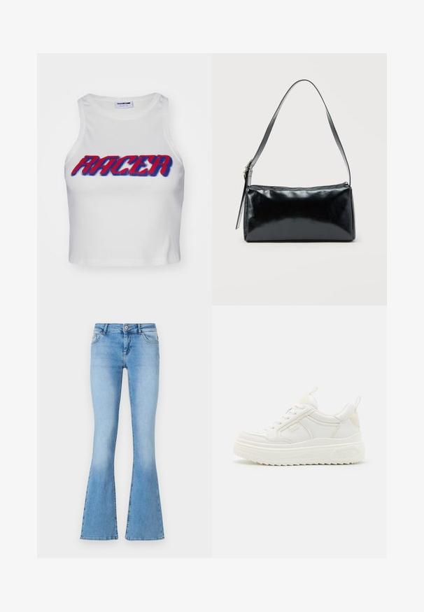 Hvid ribbet cropped tanktop med ordet "RACER" i fed rød og blå skrift over forsiden.; Lysblå flagrende jeans lavet af denim med midt-høj talje, med forlommer og syninger langs sømme og kanter.; Hvide lædersneakers med en kraftig sål, snørebåndsdesign og subtil branding. Har en glat overflade og rund tå.; Sort rektangulær skuldertaske med en enkelt justerbar rem og lynlås i toppen på en ensfarvet baggrund.