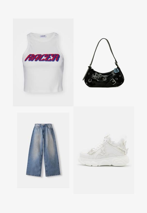 Hvid ribbet cropped tanktop med ordet "RACER" i fed rød og blå skrift over forsiden.; Lyseblå vidde jeans med falmet front, fem-lomme stil, knap- og lynlåslukning, lagt fladt på en hvid baggrund.; Hvid chunky sneaker med tyk sål og dekorative 3D sommerfugle detaljer på siden, snørebånd og hæl.; Sort lakeret skuldertaske med en buet form, udsmykket med sølvhardware, dekorative spænder og en kort rem. Blå mærkat vedhæftet.