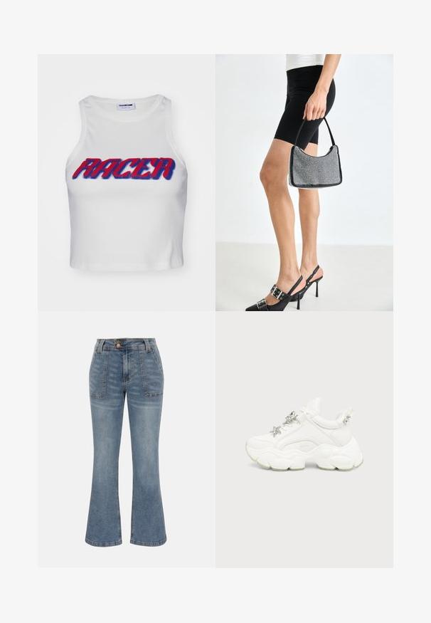Débardeur court blanc côtelé avec le mot "RACER" en lettres épaisses rouges et bleues sur le devant.; Jean en denim bleu à taille haute, poches plaquées à l'avant, fermeture par bouton et zip, et une silhouette de jambe légèrement évasée.; Baskets blanches épaisses avec semelle texturée épaisse, étoile et décorations papillon argentées sur les lacets blancs, et clous argentés sur la languette du talon.; Sac à main à perles noires avec une silhouette courbée, une poignée de transport et une texture brillante. Porté avec des chaussures à talons hauts noires et un short noir ajusté.