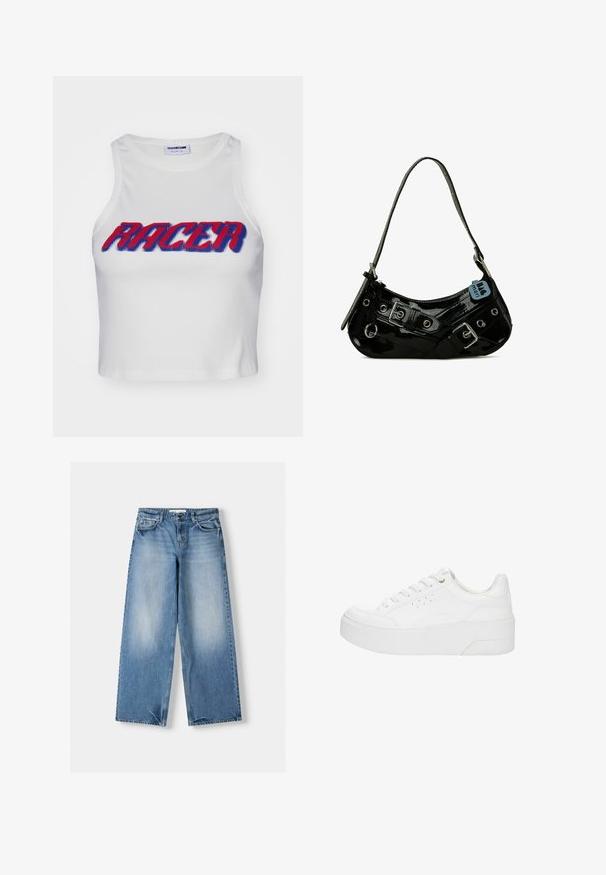 Hvid ribbet cropped tanktop med ordet "RACER" i fed rød og blå skrift over forsiden.; Lysblå jeans med afslappet pasform, brede ben og slidte sektioner. Fremstillet af denim med klassisk fem-lommerdesign og lukning med en topknap.; Hvid platform-sneaker med snørelukning foran, perforerede detaljer på siden og tyk sål, vist fra ydersiden på en hvid baggrund.; Sort lakeret skuldertaske med en buet form, udsmykket med sølvhardware, dekorative spænder og en kort rem. Blå mærkat vedhæftet.