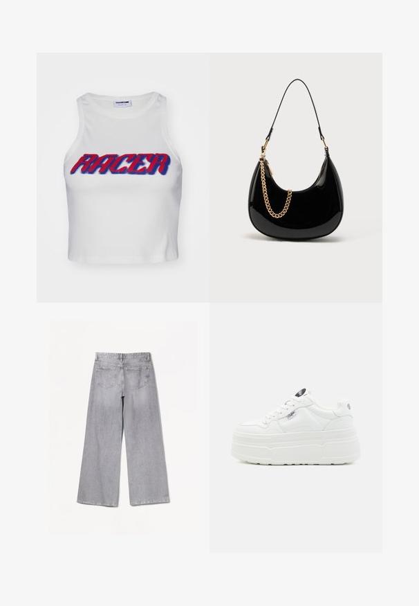 Hvid ribbet cropped tanktop med ordet "RACER" i fed rød og blå skrift over forsiden.; Grå brede jeans med høj talje, der har en glat tekstur, to baglommer og subtile syninger.; Hvide platform sneakers med en glat syntetisk overflade, rund tå, polstret krave og tekstureret sål. Har et kontrasterende logo-tag.; Sort håndtaske i laklæder med en buet form, tynd skulderrem og en guldkæde som dekorativ detalje foran. Glat tekstur, minimalistisk design.