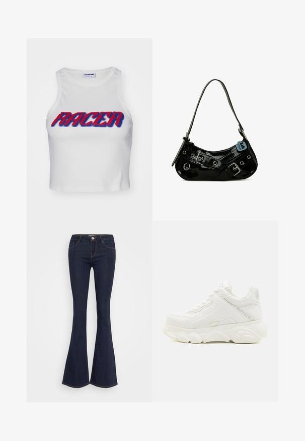 Hvid ribbet cropped tanktop med ordet "RACER" i fed rød og blå skrift over forsiden.; Mørke denim flare jeans med en tætsiddende talje, der har en forsænket knaplukning, fem-lomme design og sømdetaljer langs benene.; Hvid chunky sneaker med tyk sål, snørelukning og "Buffalo" branding på siden og hælen.; Sort lakeret skuldertaske med en buet form, udsmykket med sølvhardware, dekorative spænder og en kort rem. Blå mærkat vedhæftet.
