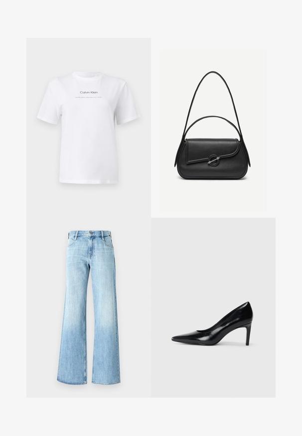 Weißes T-Shirt mit kurzen Ärmeln und Rundhalsausschnitt, mit dem "Calvin Klein"-Logo und dem Text "Established Nineteen Sixty Eight" mittig auf der Brust.; Helle blaue Denim-Jeans mit weitem Bein, hoch geschnitten, klassischer Fünf-Taschen-Design und Knopfverschluss, mit einer leichten Ausbleichung nahe dem Saum.; Schwarzer Lederhochschuh mit spitzem Zehenbereich, glatter Textur und schmalem Absatz. Minimalistisches Design, keine zusätzlichen Verzierungen.; Schwarze Lederhandtasche mit abgerundeten Kanten, asymmetrischem Überschlag, metallfarbenem runden Verschluss und kurzen sowie langen Schulterriemen.