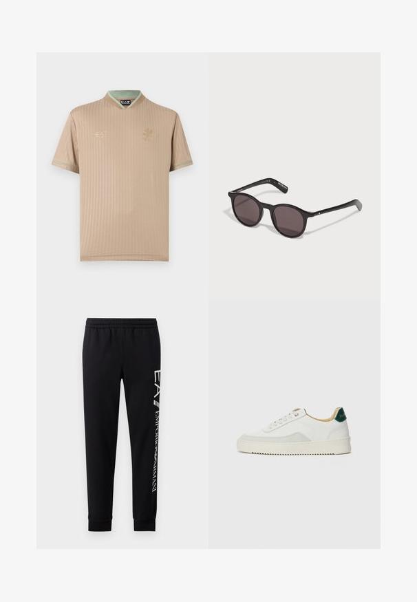 Beige sportstrøje med korte ærmer og tynde lodrette striber, mintgrøn krave og kant på ærmerne, EA7-logo og emblem på brystet.; Sorte sweatpants lavet af en bomuldsblanding, med elastisk talje, smalle ben, ribbede manchetter og hvidt logo print langs siden.; Hvide sneakers med ruskindsdetaljer, rund tå, flade snørebånd og en cremet gummisål. Har grøn branding på hælen.; Sorte runde solbriller med mørke linser, en glat plastramme og slanke arme med detaljeret greb.