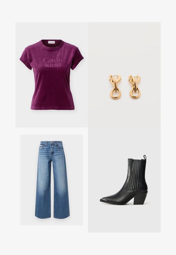 Kortærmet t-shirt i plommerøde velour med præget "Calvin Klein" logo foran og rund halsudskæring.; Blå vidde jeans i denim med knap og lynlås foran, fem-lomme stil og diskrete falmede detaljer på lår og knæ.; Sort læder ankelstøvle med spids tå, ribbede sidepaneler og en kraftig hæl, placeret på en struktureret fliseoverflade.; Par af skinnende guldfarvede hoop-øreringe med snoet, flettet design på en enkel hvid baggrund.