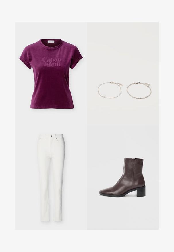 T-shirt en velours prune avec manches courtes, logo "Calvin Klein" en relief sur le devant et col rond.; Jean blanc droit avec poches avant, passants pour ceinture, et fermeture par bouton et fermeture éclair.; Bottine en cuir marron foncé avec un orteil carré, un talon bloc et un logo embossé subtil près du haut sur fond blanc uni.; Deux délicats bracelets en argent côte à côte, l'un avec de petites perles et l'autre avec une fine chaîne tissée, tous deux munis de fermoirs mousquetons et d'étiquettes.