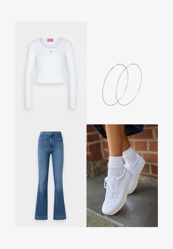 Top corto de manga larga blanco, hecho de tela acanalada, con escote redondo y un pequeño logo rojo de Diesel bordado en el pecho.; Jeans acampanados de color azul hechos de mezclilla con una cintura de altura media, que cuentan con dos bolsillos traseros y un dobladillo limpio. Textura suave y diseño clásico.; Zapatillas de lona blancas con suelas de goma, que presentan seis ojales, puntera redonda y detalles de costura ligera, combinadas con calcetines blancos hasta el tobillo.; Pendientes de aro plateados con un diseño minimalista. Forma circular, textura suave y perfil delgado. Livianos con un acabado pulido.