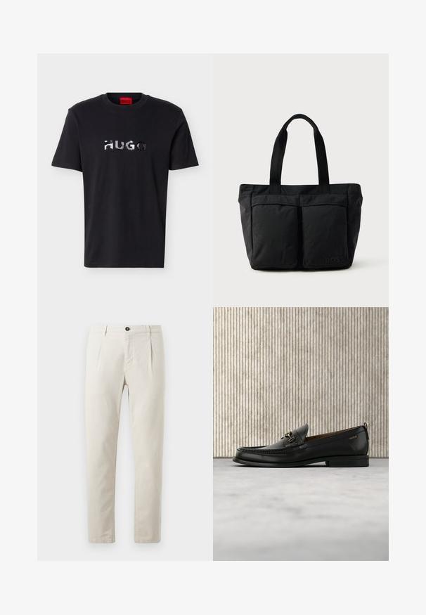 Must lühikeste varrukatega klassikalise ümara kaelusega T-särk, mille rinnal särab hõbedane "HUGO" logo ja krae sees punane silt.; Beige puuvillased püksid sirge jala disainiga, millel on üks must nööp-kinnitus ja kaks esimest taskut. Sile tekstuur.; Mustast nahast loafer kuldse metallist detaili ja "HUGO" logoga, eksponeeritud beeži vaiba ning pruunide läbipaistvate mööbliesemete taustal.; Must mustkott, millel on pehme kangas, kaks esi-taskut ja tugevad sangad. Logo on küljel nähtav. Lihtne ja funktsionaalne disain.
