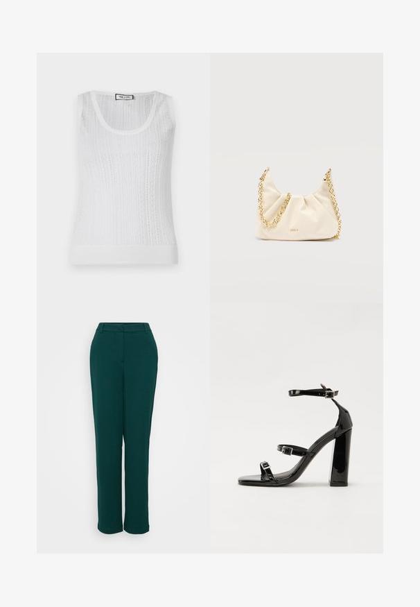 Top blanco sin mangas con escote redondeado, que presenta un patrón texturizado de líneas verticales y un delicado detalle de punto.; Pantalones de tiro alto verdes con un diseño de pierna recta, fabricados con una tela suave, que cuentan con bolsillos frontales y una cinturilla discreta.; Sandalias negras de charol con tacón alto, dos correas con hebilla, punta cuadrada y tacón grueso, con una textura lisa y brillante.; Bolso de cuero suave color crema con correa de cadena dorada y pequeño logo dorado en el frente, sobre un fondo claro y liso.