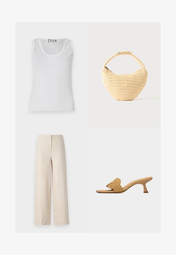 Top blanco sin mangas con escote redondeado, que presenta un patrón texturizado de líneas verticales y un delicado detalle de punto.; Pantalones de lino beige de pierna ancha con cintura alta y cremallera oculta en la parte posterior. Textura suave y tejido transpirable.; Zueco beige de punta abierta con un tacón bajo de estilo kitten y una tira decorativa circular tejida en la parte frontal.; Bolso tejido beige con cuerpo redondeado, cierre de cremallera y una correa corta y gruesa en un estilo de crochet simple y texturizado.