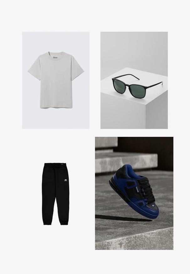 T-shirt en coton gris clair avec un col rond et des manches courtes, arborant un design minimaliste et une coupe décontractée. Aucun motif ni accent.; Pantalons de jogging noirs en tissu doux et extensible. Comprend une taille élastique avec cordon de serrage et des poignets élastiques. Petit logo blanc sur la hanche.; Baskets noires et bleues à lacets flottant au-dessus d'une surface en béton avec des marches en pierre en arrière-plan.; Lunettes de soleil rectangulaires noires avec des verres vert foncé, dotées d'une monture en plastique léger et d'accents argentés sur les branches.