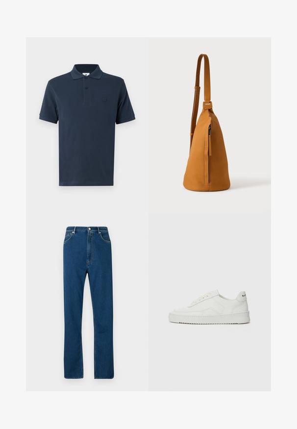Marineblå polo t-shirt lavet af bomuld med en klassisk krave, korte ærmer og et subtilt kontrastlogo på venstre bryst. Glat tekstur.; Blå denimjeans med høj talje, lige ben, fem lomme-design og kontrasterende orange syninger. Glat tekstur.; Hvide lædersneakers med en glat overflade, rund tå, flade snørebånd og en tekstureret sål. Har et diskret logo på hælen.; Tan læder crossbodytaske med justerbar rem og lodret lynlåslomme, vist fra siden mod en ensfarvet lys baggrund.