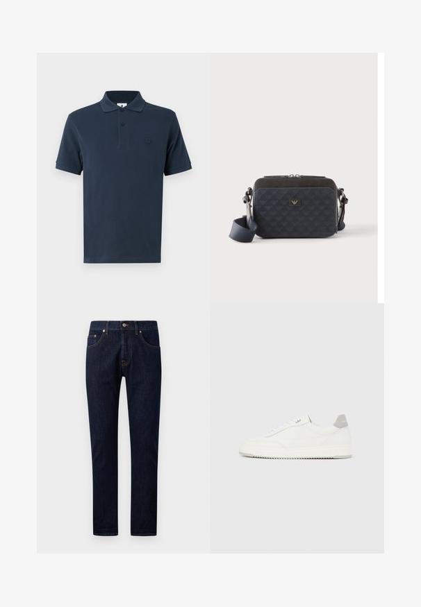 Polo bleu marine en coton avec un col classique, des manches courtes et un logo subtilement contrasté sur la poche gauche. Texture lisse.; Jean en denim bleu foncé avec une coupe slim, comportant cinq poches, des rivets en cuivre et des coutures contrastantes le long des coutures. Texture lisse.; Baskets basses blanches avec un onglet de talon gris, des lacets blancs et une semelle texturée, présentées sur un fond uni clair.; Sac bandoulière rectangulaire bleu foncé avec sangle réglable, fermeture éclair et motif subtil du logo sur le panneau avant.