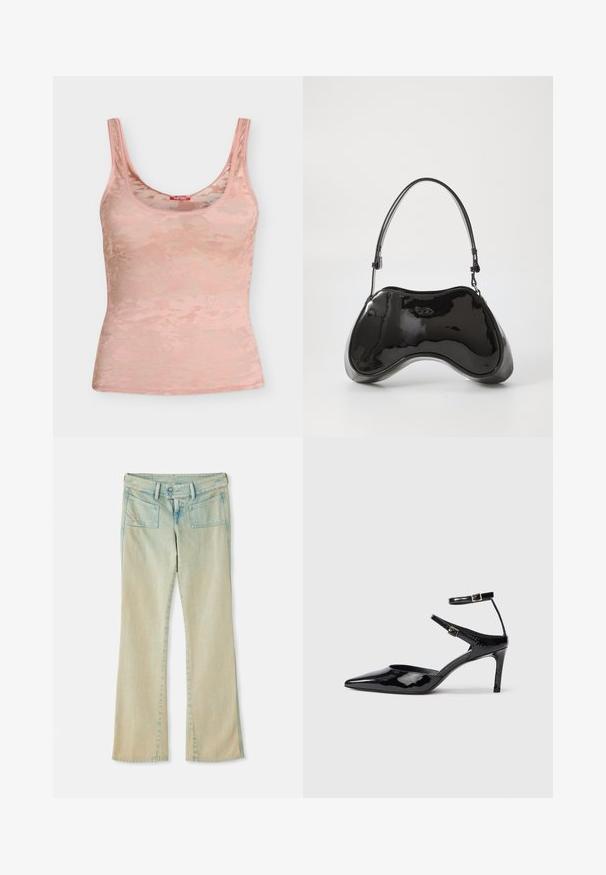 Débardeur en dentelle rose clair avec larges bretelles, encolure dégagée, motif floral subtil et petit logo Diesel au centre de la poitrine.; Jean flare en denim bleu clair avec une finition délavée, présentant des passants de ceinture, deux poches avant et deux poches arrière avec des accents de couture.; Talons en cuir verni noir avec un bout pointu, des sangles de cheville ajustables et un talon fin. Texture lisse avec une finition brillante.; Sac à main en cuir verni noir avec une forme incurvée unique, une anse courte et ajustable, et une fermeture zippée. Texture lisse avec un branding discret.