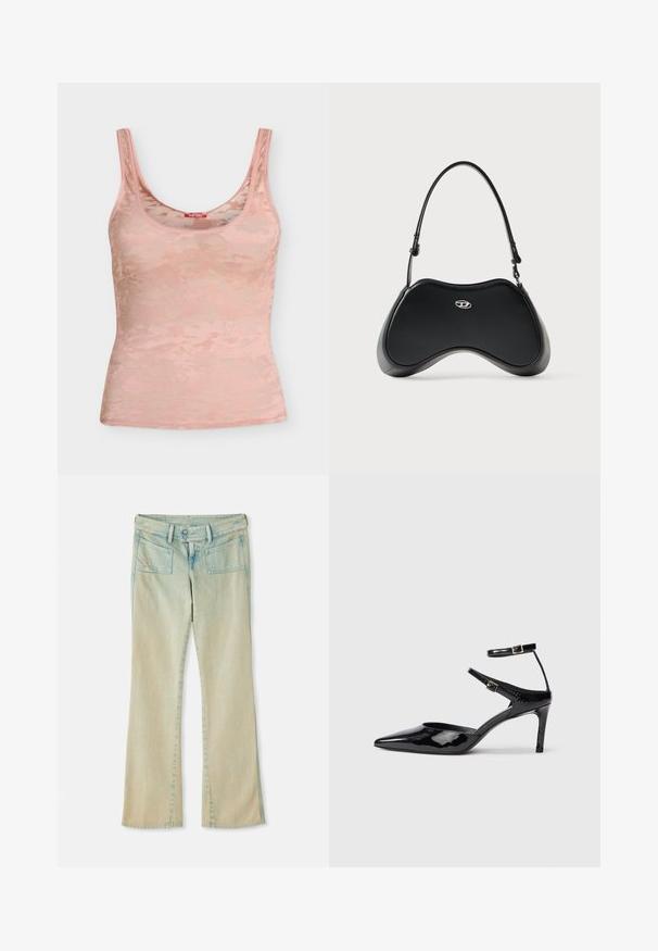 Débardeur en dentelle rose clair avec larges bretelles, encolure dégagée, motif floral subtil et petit logo Diesel au centre de la poitrine.; Jean flare en denim bleu clair avec une finition délavée, présentant des passants de ceinture, deux poches avant et deux poches arrière avec des accents de couture.; Talons en cuir verni noir avec un bout pointu, des sangles de cheville ajustables et un talon fin. Texture lisse avec une finition brillante.; Sac à main en similicuir noir avec une forme incurvée unique, une poignée courte et un détail de logo argenté sur le devant. Texture lisse, design minimaliste.