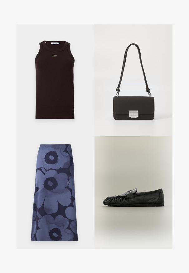 Mouwloos zwart geribd tanktopje met ronde hals, met een klein groen Lacoste krokodillenlogo op de borst.; Midi-jurk met bloemenprint met grote donkerblauwe bloemen op een lichterblauwe achtergrond; de stof lijkt glad met een licht glanzende textuur.; Zwarte lederen loafer met een geplooid voorpand, decoratieve gespsluiting en platte zool, weergegeven op een neutrale achtergrond.; Zwarte leren handtas met een gestructureerde rechthoekige vorm. Opvallende zilveren logo-hardware en een slanke, verstelbare schouderriem. Textuur oppervlak.