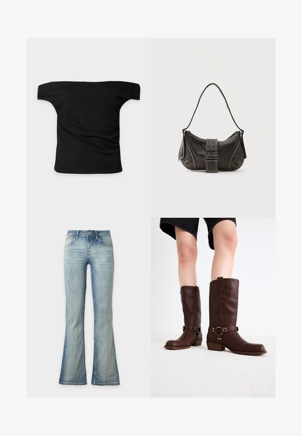 Zwarte off-shoulder top met korte mouwen, rechte halslijn en lichte plooien in de stof, getoond tegen een effen lichte achtergrond.; Lichtblauwe denim jeans met een lichte uitlopende pijp aan de onderkant, voorzijde met knoop- en ritssluiting en voorzakken.; Bruine leren kniehoge laarzen met een ronde neus, gestructureerd oppervlak, enkelriem en zilveren hardware-detail; opgestapelde hak.; Zwarte leren schoudertas met gespsluiting aan de riem, afgeronde hoeken en contrasterende witte stiksels op een effen achtergrond.
