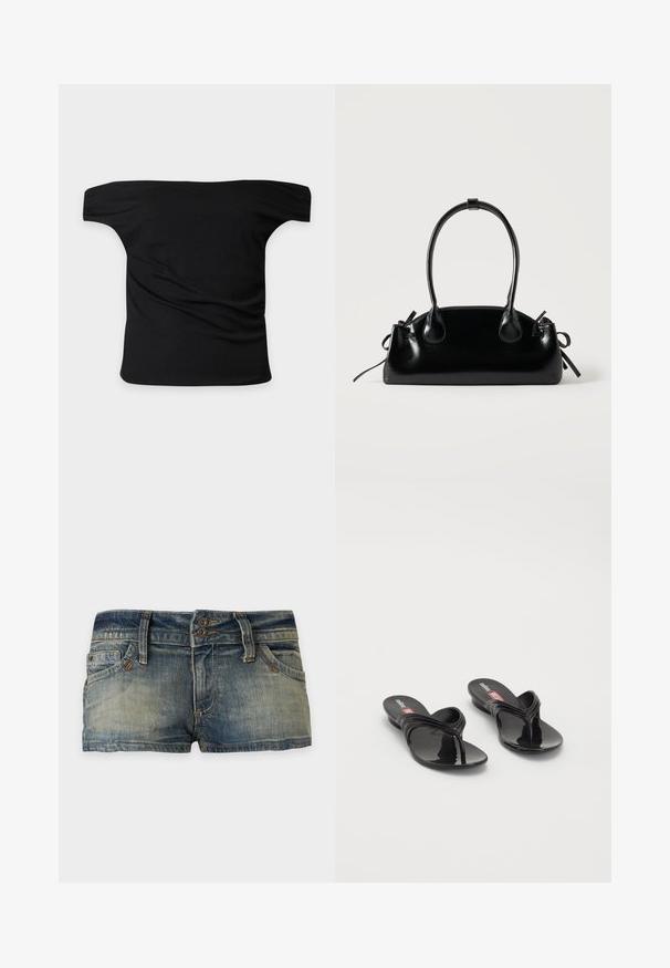 Zwarte off-shoulder top met korte mouwen, rechte halslijn en lichte plooien in de stof, getoond tegen een effen lichte achtergrond.; Verbleekte blauwe spijkershort met zichtbare stiknaden, riemlussen, voorzakken en dubbele knoopsluiting, getoond op een effen achtergrond.; Melissa QUANTUM THONG X DIESEL - Teensandalen - black; Kleine zwarte glanzende handtas met twee lange hengsels en zijkant trekkoord details op een effen lichte achtergrond.