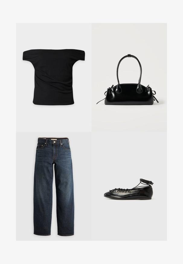 Top negro sin hombros de manga corta con escote recto y ligeras arrugas en la tela, presentado sobre un fondo liso y claro.; Jeans oscuros de denim, con un diseño de pierna recta, estilo de cinco bolsillos, y acentos de costura superior con cierre de botón.; Zapatos planos tipo ballet de charol negro con punta redondeada, diseño con cordones y suela plana. Textura lisa con detalles mínimos.; Pequeño bolso negro brillante con dos asas largas y detalles de cordón lateral sobre un fondo claro liso.