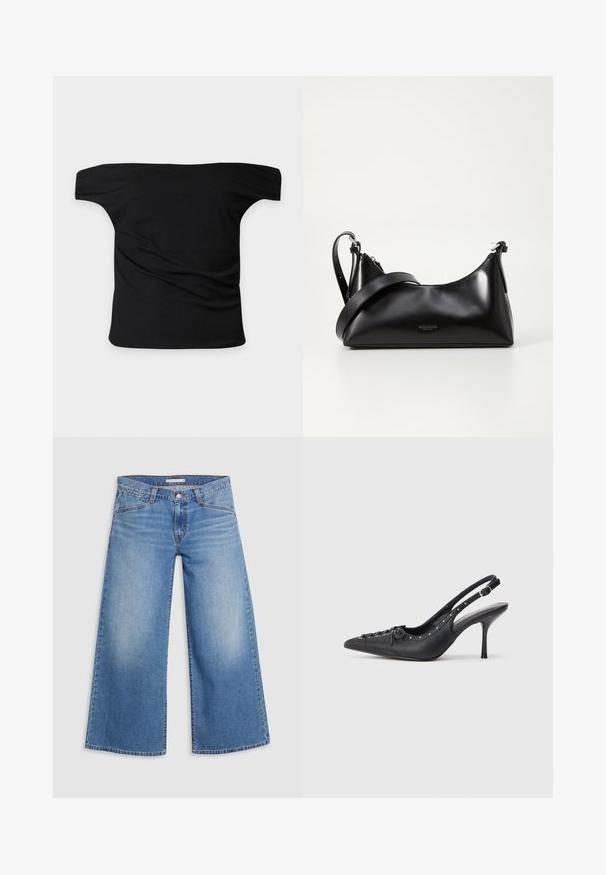 Schwarzes schulterfreies Kurzarm-Top mit geradem Ausschnitt und leichten Stofffalten, dargestellt vor einem einfarbigen hellen Hintergrund.; Hellblaue weite Jeans aus Denim, mit hoher Taille, klassischem Fünf-Taschen-Design und sanften Ausbleichungen entlang der Beine.; Schwarzer Leder-Slingback-Stiletto mit spitzem Zehenaufsatz, seitlichem Schnallenriemen, Nieten entlang der Kante und dekorativer Schnürung vorne.; Schwarze lederne Handtasche mit glatter Textur. Verfügt über einen verstellbaren Riemen und ein elegantes, minimalistisches Design mit einem Reißverschluss.