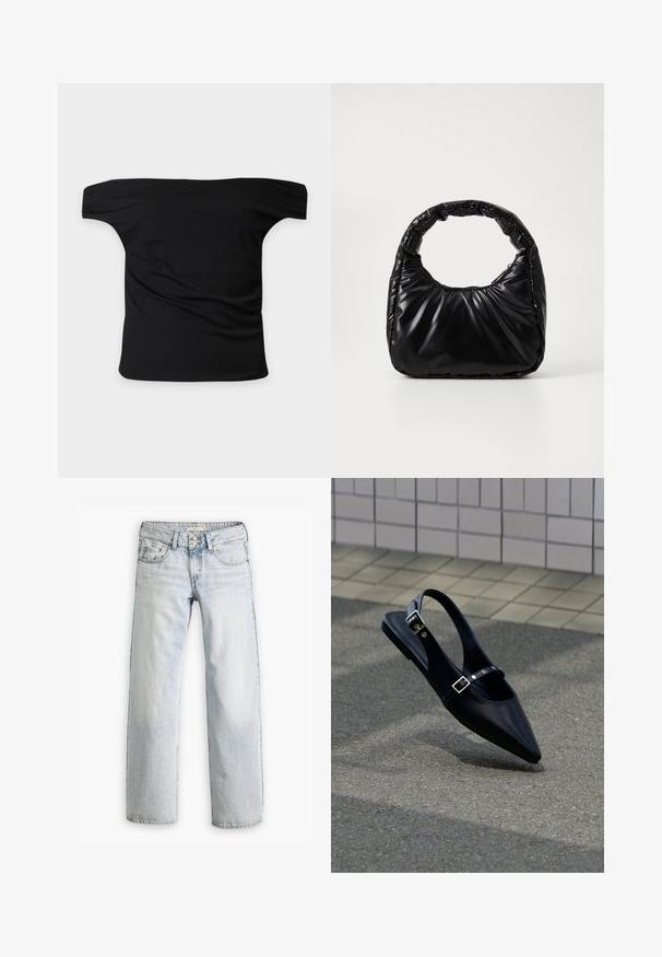 Sort off-shoulder top med korte ærmer, lige udskæring og lette folder i stoffet, vist mod en ensartet lys baggrund.; Lyseblå denimjeans med en afslappet pasform, høj talje og fem-lomme design. Har syning detaljer og knaplukning.; Sort flad slingback med spids tå og dobbelte spænder, hvilende på grå asfalt nær flisevæg.; Sort polstret håndtaske med et rundt håndtag, der har en glat, skinnende overflade og en blød, kviltet tekstur. Ingen synlige hardware eller accenter.