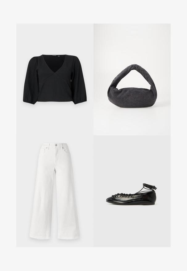 Pull noir texturé à col en V, avec de longues manches bouffantes et un design style wrap.; Jean large blanc en denim, avec une taille haute, un design à quatre poches et un ourlet brut en bas pour ajouter de la texture.; Ballerines en cuir verni noir avec un bout rond, un design à lacets et une semelle plate. Texture lisse avec peu de détails.; Sac en tissu gris foncé avec une anse courbée, texture douce et forme arrondie. Pas de matériel ou d'embellissements visibles.