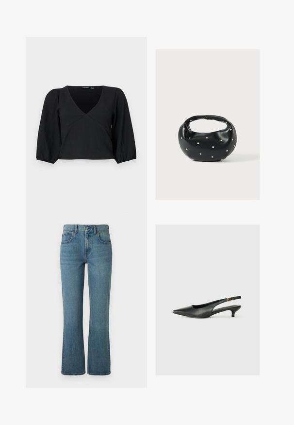 Sort, tekstureret pullover med V-udskæring, der har lange, pufærmer og en omslagstype design.; Lysblå flagrende jeans lavet af denim, med fem lommer, en frontknaplukning og subtil fading for tekstur.; Sorte spidse slingback-sko lavet af glat læder. Har en tynd hæl og en spænde detalje på den justerbare rem.; Sort læderhåndtaske med en rundet form, dekoreret med sølvnitter, og et kort håndtag. Glat tekstur og lynlåslukning.
