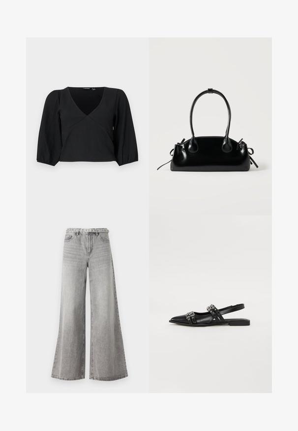 Musthave, tekstuuriga must pullover, millel on V-kaelus, pikad ja puffiga varrukad ning mähise stiilis lõige.; Laiad hallid denim püksid kõrge vöökohaga, klassikalise viie tasku disainiga ja vööl õmmeldud vööga. Struktuuriga kangas.; Even&Odd by Zalando Kannarihmaga baleriinad - black; Väike must läikiv käekott kahe pika sangaga ja külgedel paelakinnitustega, ühel lihtsal helel taustal.