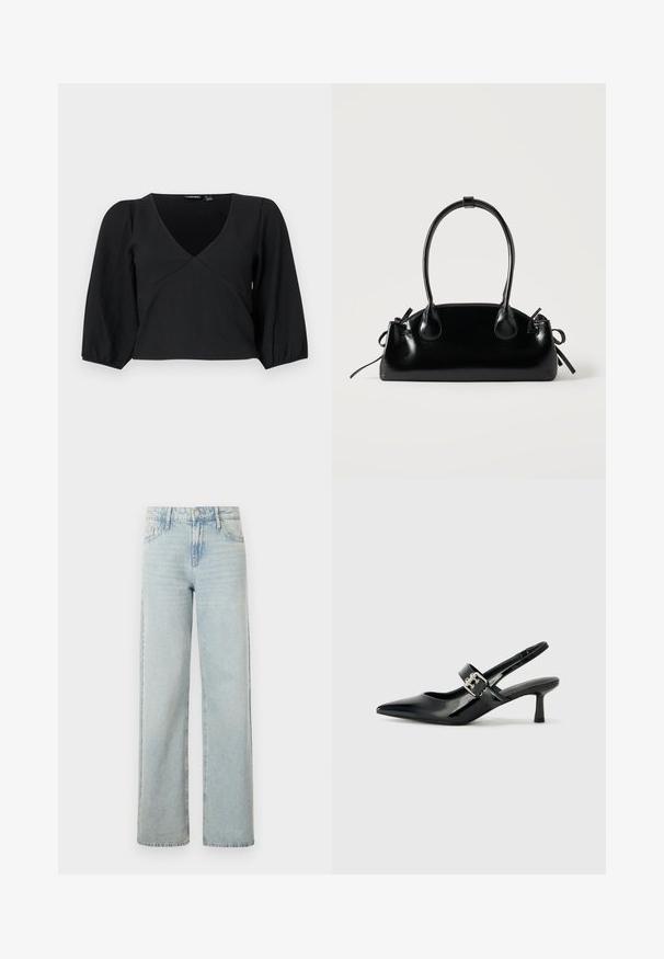 Top de tirantes texturizado negro con escote en V, que cuenta con mangas largas abullonadas y un diseño estilo envolvente.; Jeans de tiro alto en lavado claro con un corte recto. Fabricados en denim, presentan un diseño clásico de cinco bolsillos y un desvanecimiento sutil.; Zapatos de tacón en charol negro con tira al tobillo, punta afilada y un pequeño tacón bloque, que cuentan con un acento de hebilla plateada en la correa.; Pequeño bolso negro brillante con dos asas largas y detalles de cordón lateral sobre un fondo claro liso.
