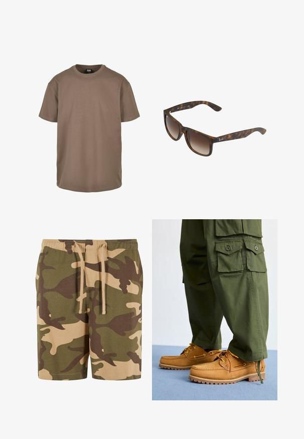 Brun t-shirt lavet af bomuld, med rund halsudskæring, korte ærmer og en afslappet pasform med en glat tekstur. Ingen mønstre eller accenter.; Kamuflage shorts i bomuldsblanding med grønne, brune og beige mønstre. Har en elastisk talje med snøre. Casual pasform og knælangt design.; Timberland AUTHENTIC 3 EYE - Sejlersko - wheat; Skildpadde-solbriller med brune gradientlinser, rektangulær form, tykke stel og en sølvlogoaccent på siden.