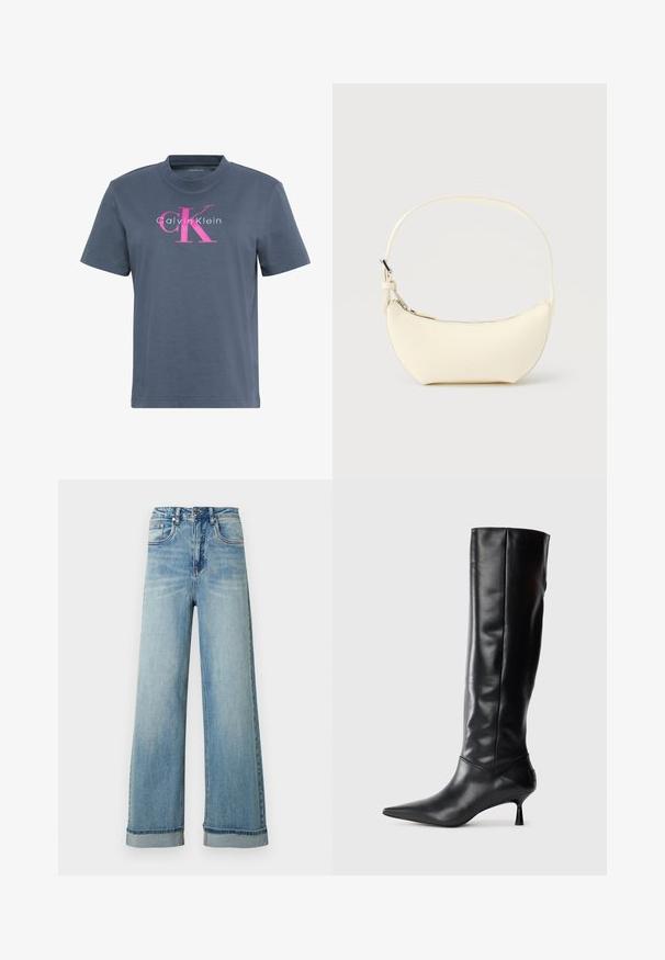 Donkergrijs T-shirt met korte mouwen en ronde hals, met een roze-wit "Calvin Klein" logo centraal op de borst.; Lichtblauwe wijde spijkerbroek met een hoge taille, voorzien van vijf zakken, een ritssluiting en opgerolde pijpen. De stof heeft een licht verweerde textuur.; Zwarte leren kniehoge laars met een spitse neus en slanke gebogen hak. Gladde textuur, aansluitend ontwerp en geen zichtbare hardware of patronen.; Kleine, maansikkelvormige handtas van roomkleurig leer met een enkele riem en een ritssluiting aan de bovenkant, afgebeeld op een effen achtergrond.