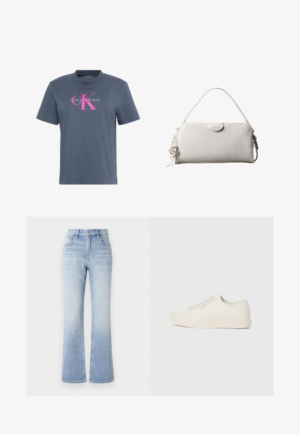 Tumehall lühikeste varrukatega ümmarguse kaelusega t-särk, millel on roosa ja valge "Calvin Klein" logo rinnal keskel.; Heledad sinine denimist laiemad teksad, millel on kõrge talje, kontrastsete õmblustega, ees taskud ja kerge värvimuutus hemmi suunas.; Kergelt hallist kangast sneakers, madala disainiga, ümarate varvastega ja lamedate kummitaldadega, millel on peen õmblustehnika.; Valge ristkülikukujuline Calvin Kleini käekott ühe käepidemega, minimalistliku disainiga ja dekoratiivsete tutikestega, mille küljes on geomeetrilise metallist ripats.