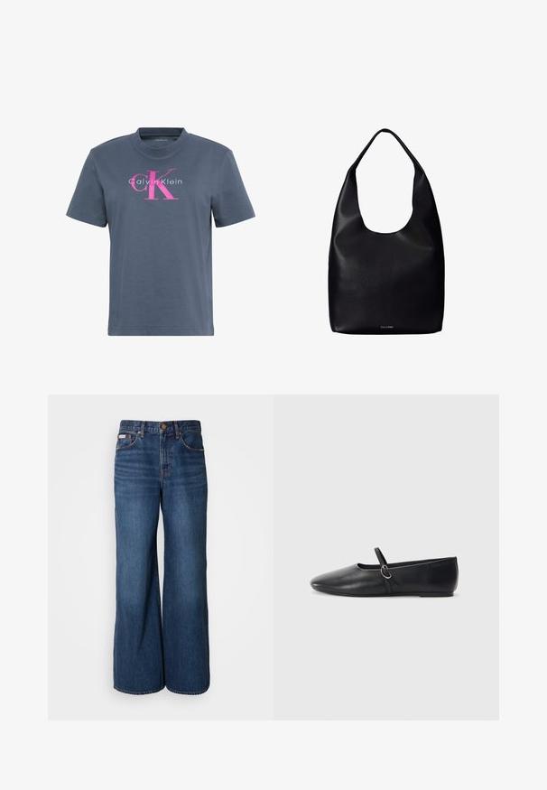 Donkergrijs T-shirt met korte mouwen en ronde hals, met een roze-wit "Calvin Klein" logo centraal op de borst.; Wijdvallende jeans van donkerblauwe denim. Kenmerken zijn een hoge taille, vijf zakken en contrasterende oranje stiksels langs de naden.; Zwarte leren balletschoenen met een spitse neus, platte zool en een kleine strap met een zilveren gespsluiting.; Zwarte leren totebag met een enkele brede schouderriem en een subtiel Calvin Klein-logo onderaan het midden.