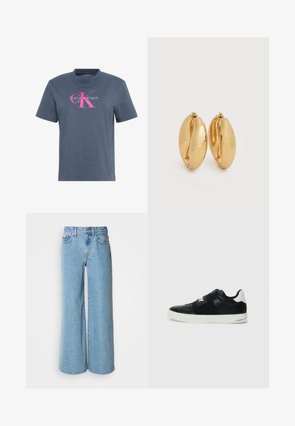 Mørkegrå T-shirt med korte ærmer og rund hals, med pink og hvid "Calvin Klein"-logo centreret på brystet.; Lyseblå brede jeans lavet af denim, med høj talje, fem-lomme design og subtil falming langs stoffet.; Sorte sportsko med en glat læderoverdel, elastiske remme og en hvid gummisål. Har forstærkede detaljer ved tå og hæl.; Par af polerede øreringe i guldton med tykke hoops, en let oval, chunky form og hængsel låse på hvid baggrund.