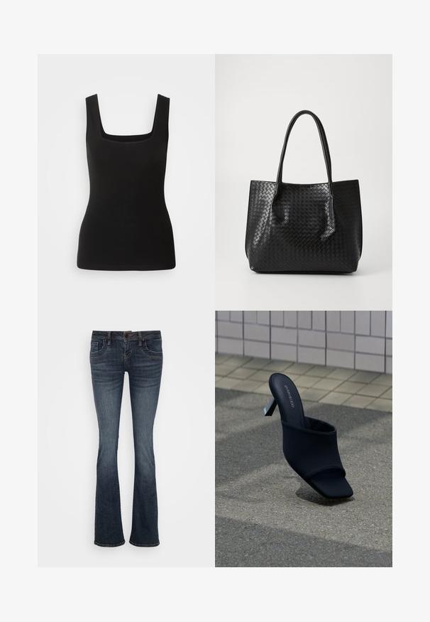 Zwarte mouwloze tanktop met een vierkante halslijn, gemaakt van gladde stof; aansluitend ontwerp zonder patronen of hardware accenten.; Donkerblauwe uitlopende jeans met een middelhoge taille, vijf zakken en subtiele stiksels. Gemaakt van denim met een gladde textuur.; Zwarte open teen mule met blokhak en vierkante neus, met merk "EVEN&ODD," geplaatst op grijze stoep vlakbij een betegelde muur.; Zwarte geweven lederen totebag met twee handvaten, gestructureerde vorm en subtiele glanzende afwerking, tegen een eenvoudige lichte achtergrond.